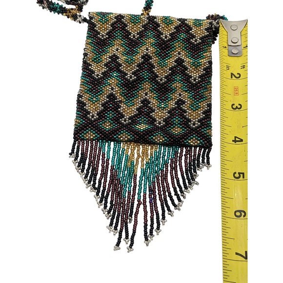 Beaded Bag Medicine Pouch Boho Hand Made Beautiful Pattern Purple Green Gold - Picture 8 of 10